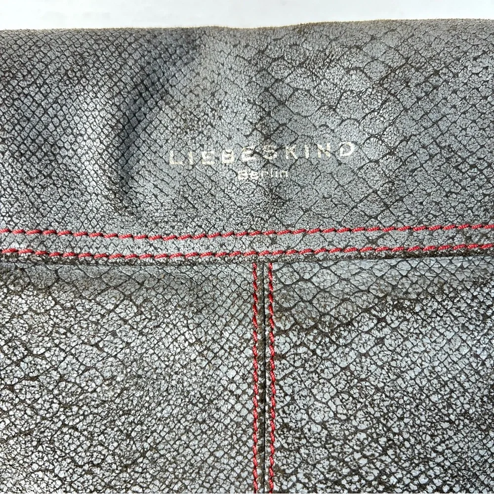 LIEBESKIND Berlin Gray Snake Print Leather Red Stitching Flap Shoulder Bag Tote